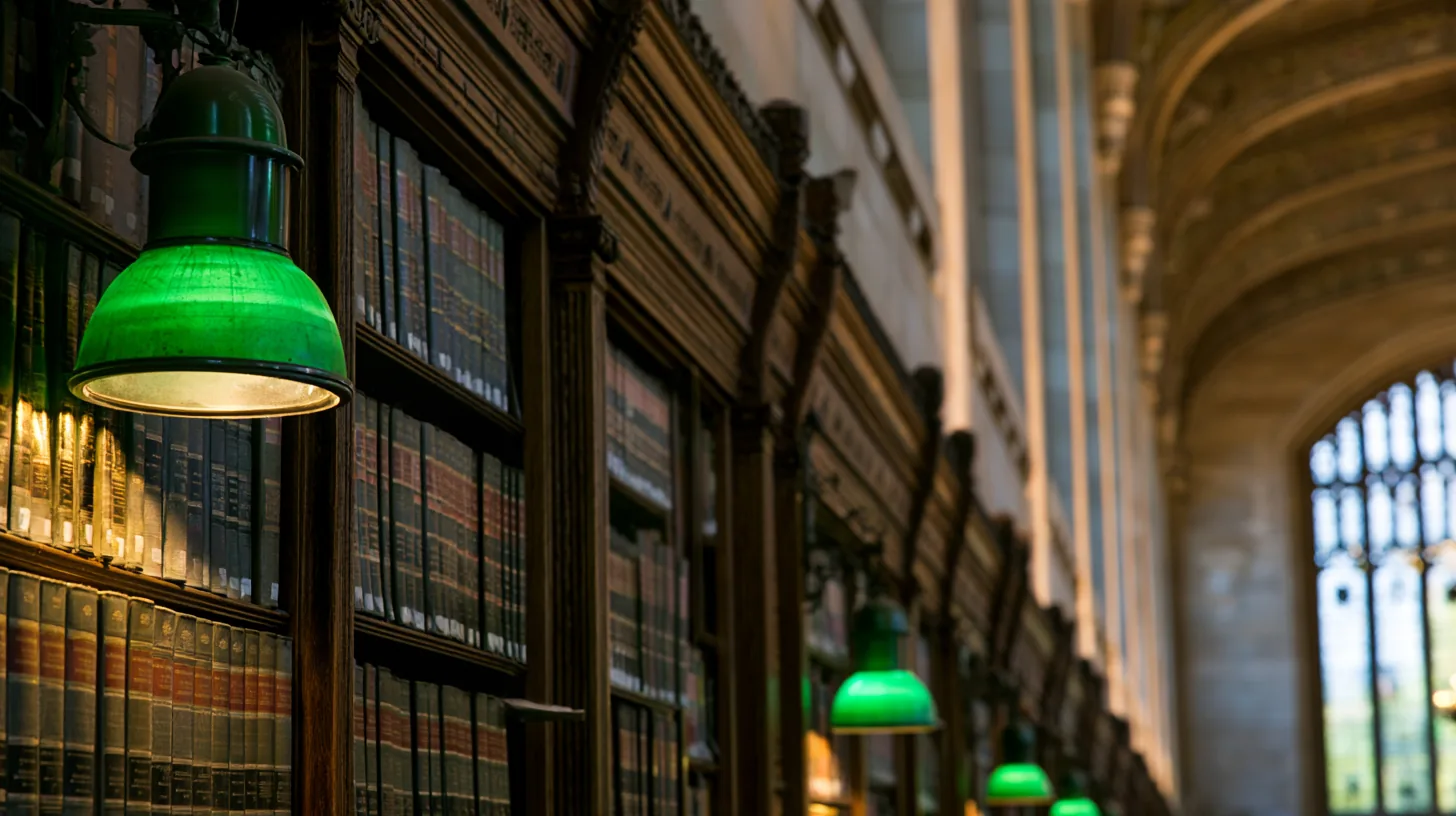 Library interior with wooden bookshelves and green lamps, providing a scholarly ambiance for video calls.