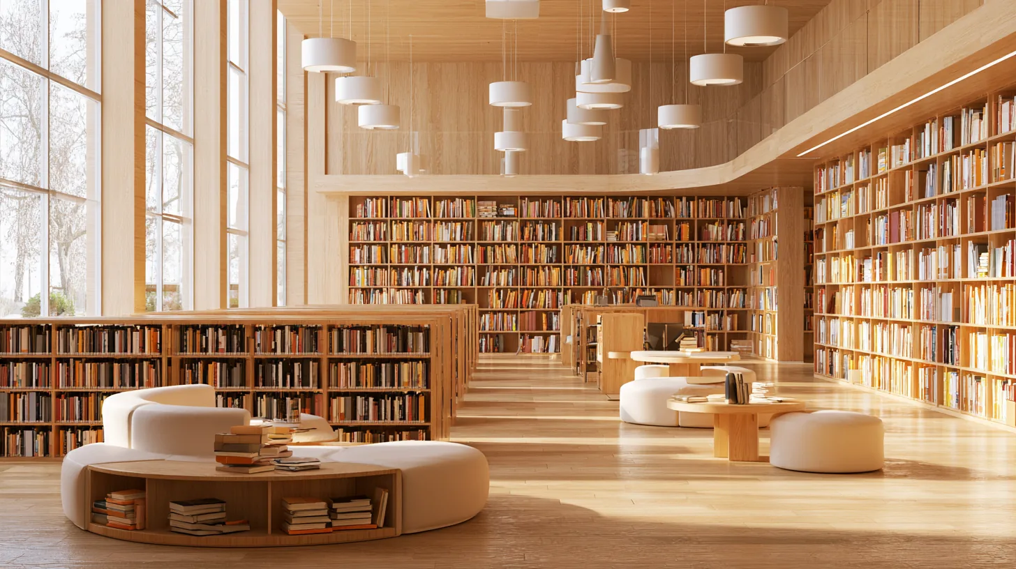 A modern library interior featuring wooden bookshelves, cozy seating areas, and ample natural light from large windows.