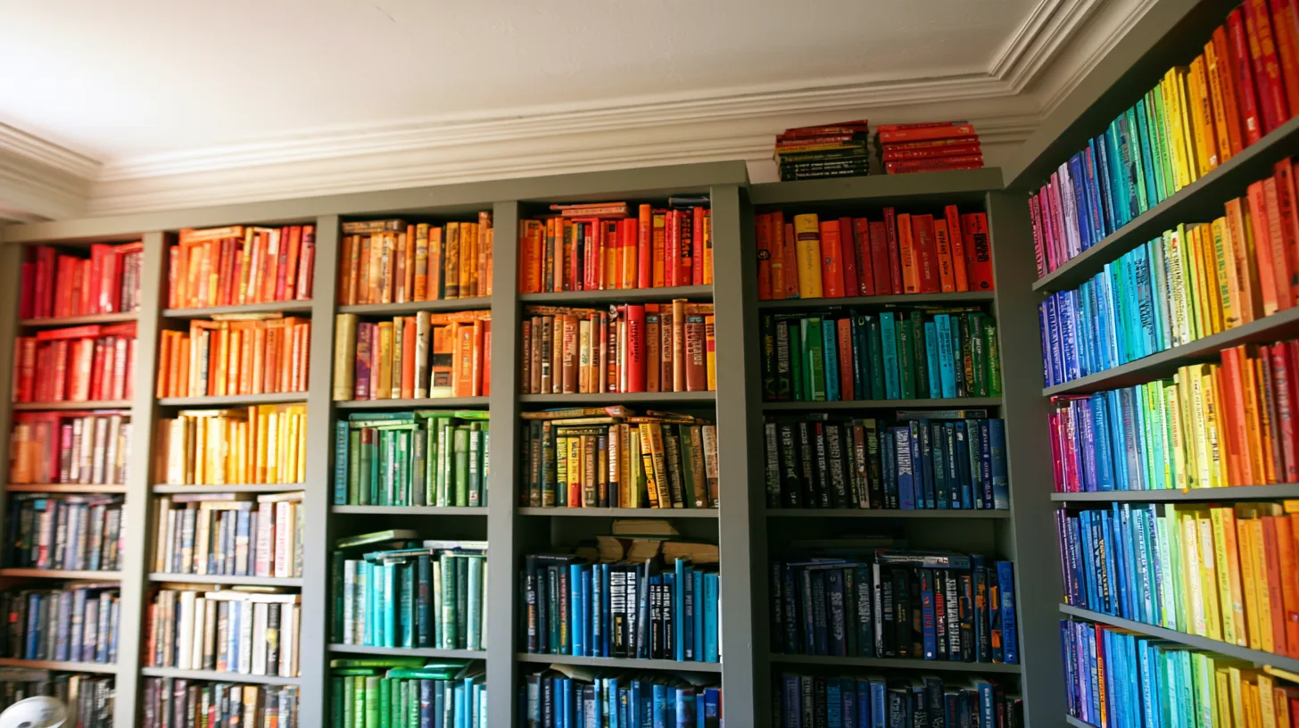 Vibrant bookshelves filled with books arranged in a spectrum of colors, creating a visually appealing setting.
