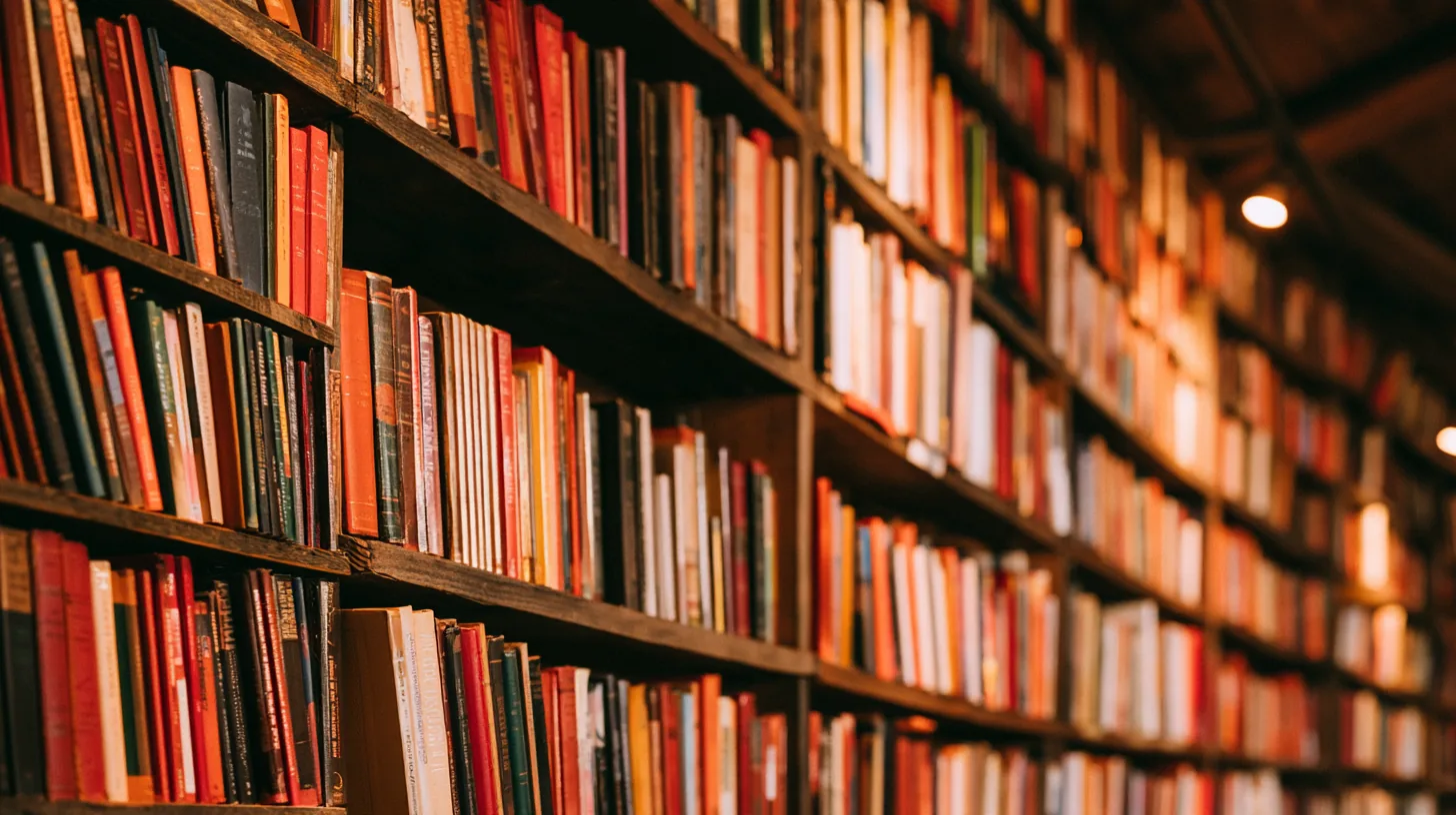 A wall of colorful bookshelves filled with various books, creating a warm and inviting atmosphere for video calls.