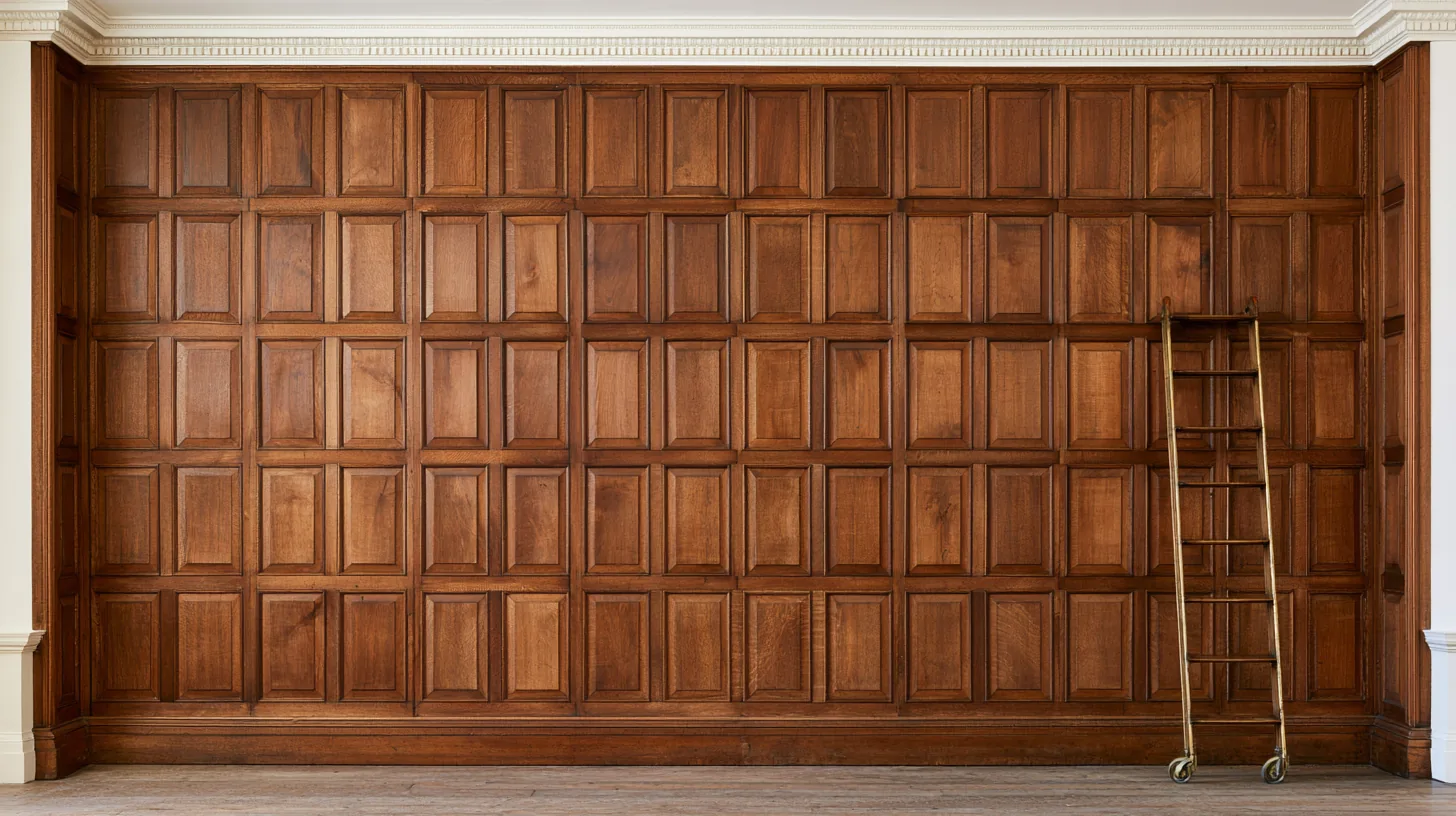 Wood-paneled wall with a ladder against it, creating a warm and inviting corporate environment.