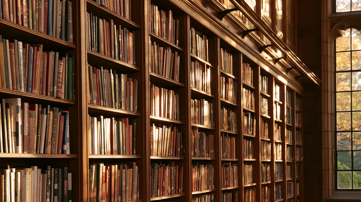 Wooden bookshelves filled with books, illuminated by soft light from a large window, creating a warm and inviting library setting.