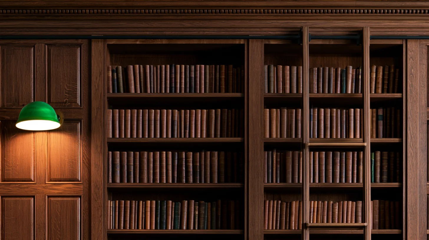 Wooden library shelves filled with books, featuring a green lamp and a ladder, creating a warm and professional atmosphere.