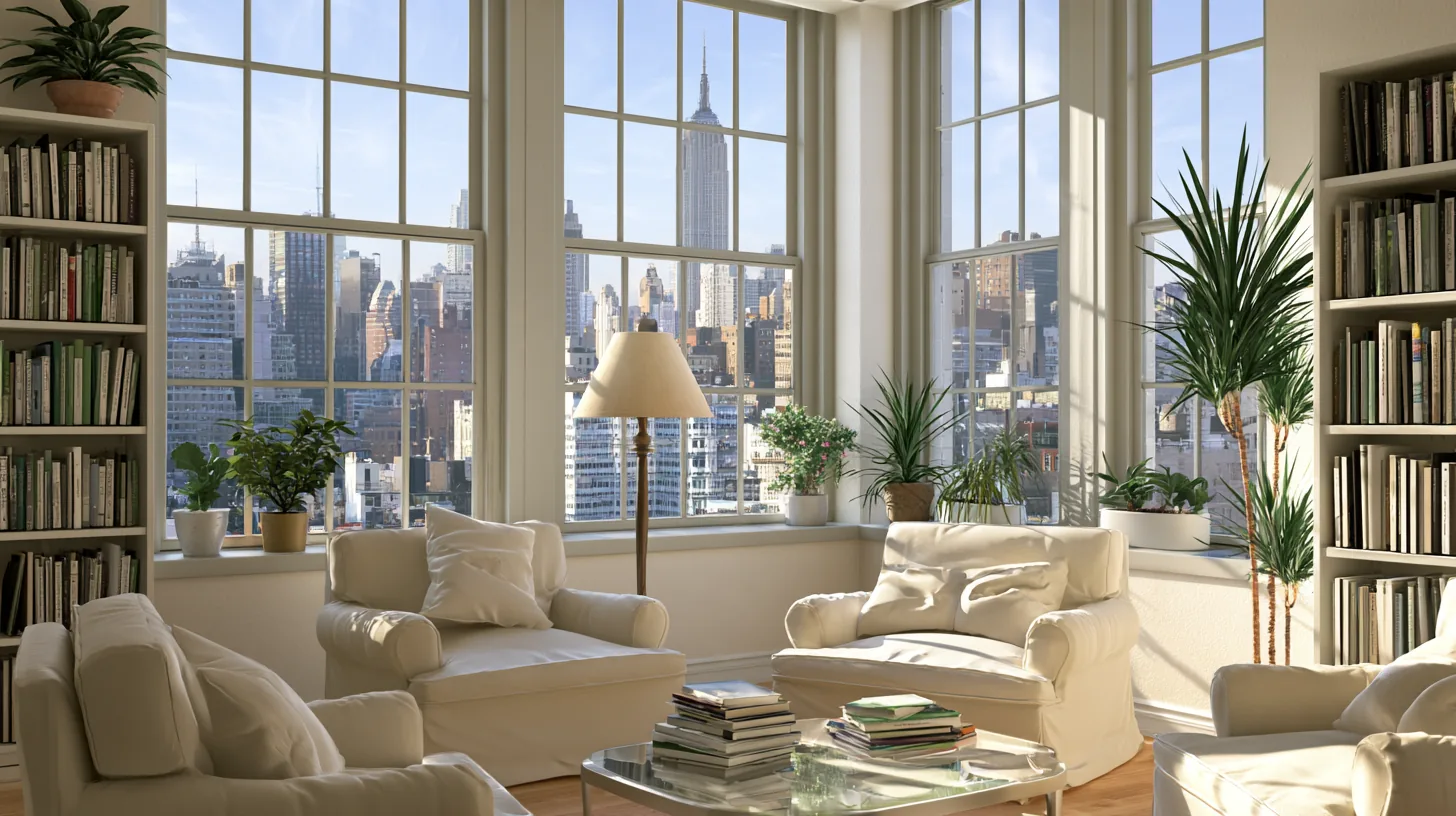 A bright living room featuring large windows with a city skyline view, comfortable seating, and indoor plants.
