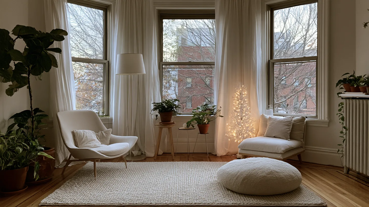 A cozy living room featuring large windows, plants, and soft seating, illuminated by natural light.