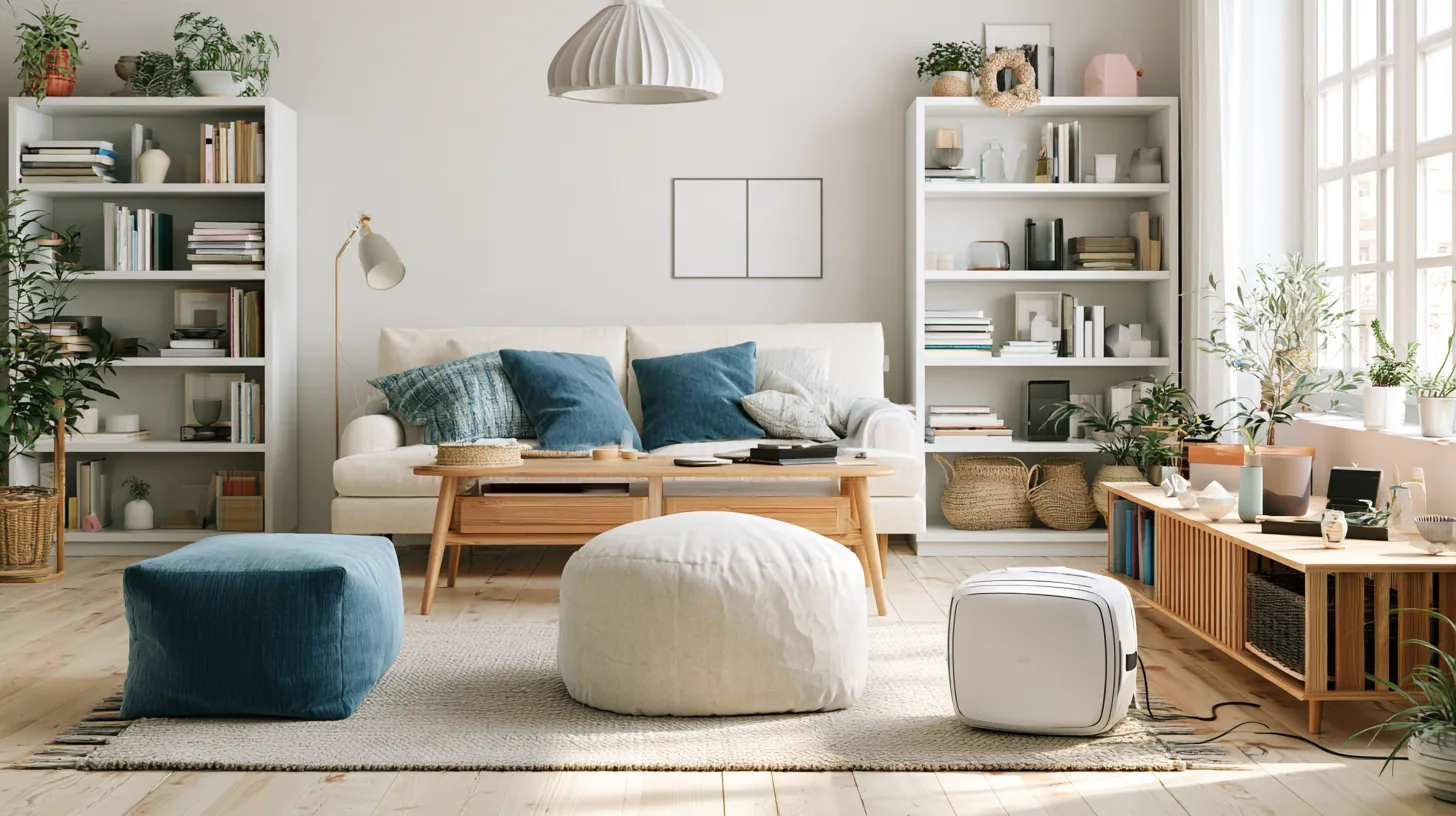 A cozy living room with a sofa, poufs, bookshelves, and plants, illuminated by natural light from large windows.