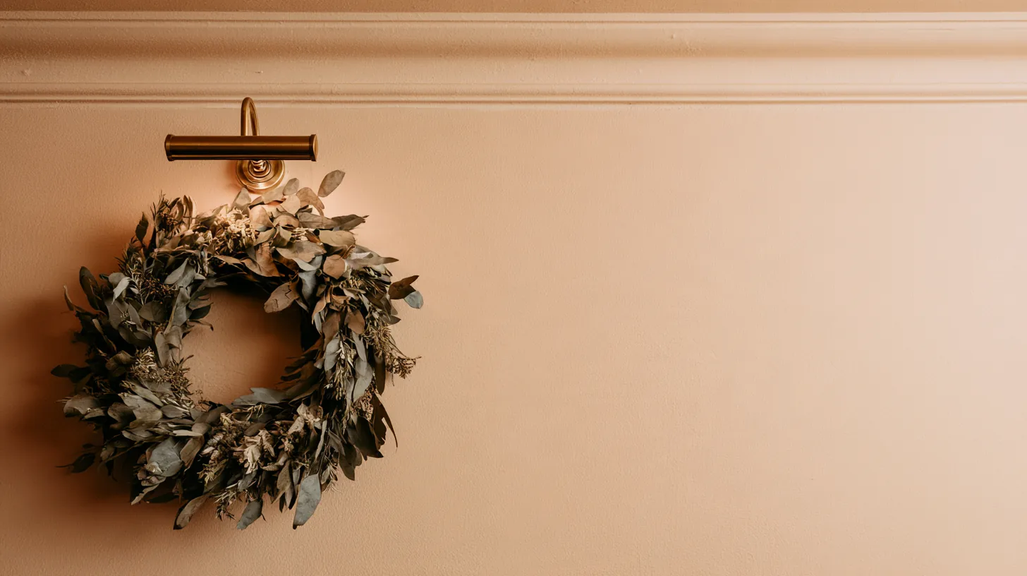Neutral wall with a decorative wreath illuminated by a light fixture, creating a warm and inviting atmosphere.