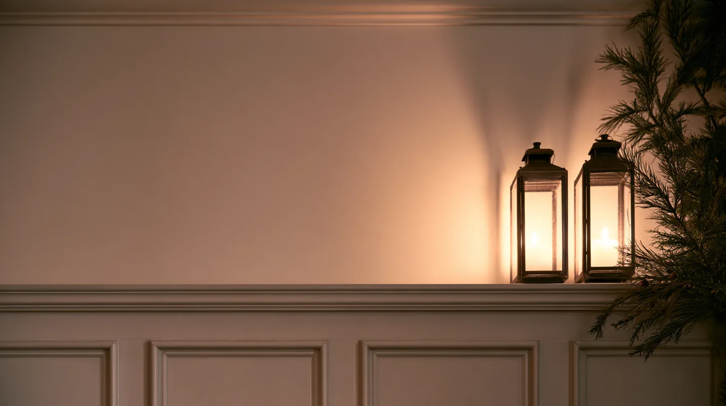 Neutral wall with two decorative lanterns casting soft light, creating a warm ambiance.