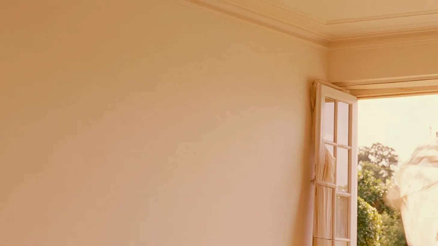 A plain soft neutral wall with an open window allowing natural light to enter the room.