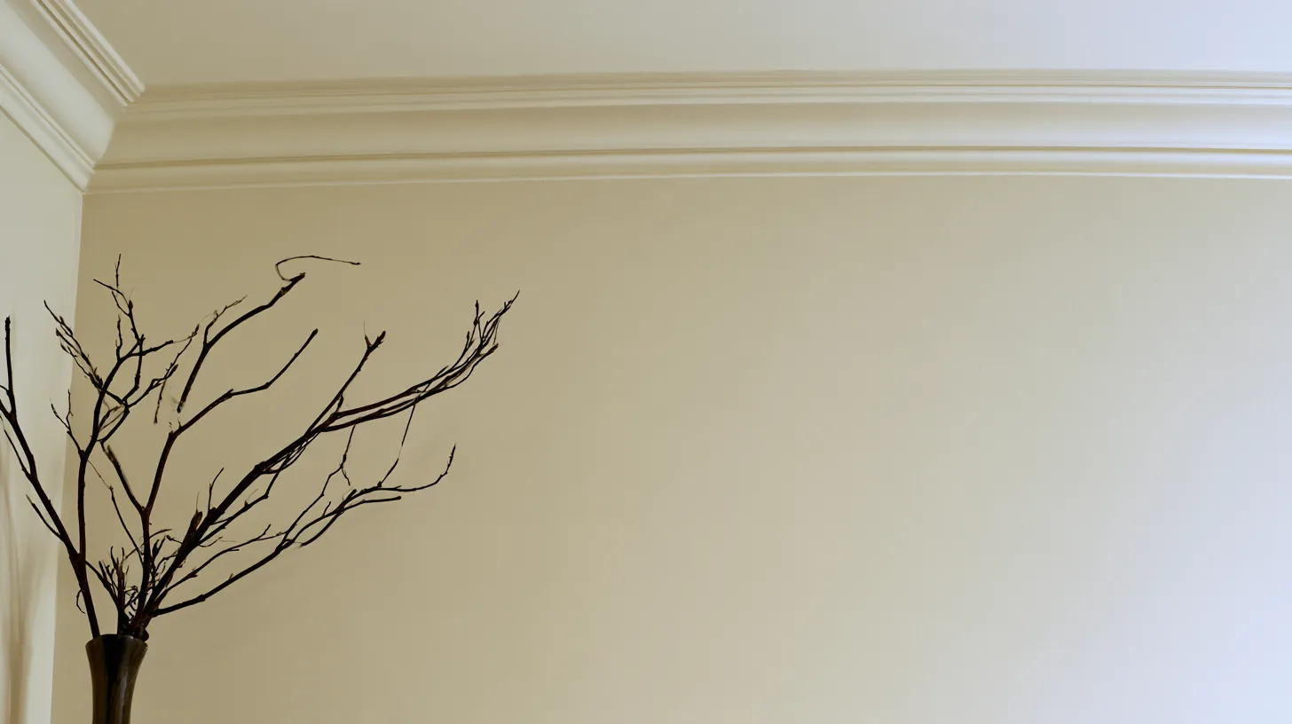 Soft beige wall with artistic branches in a minimalist setting, suitable for corporate video calls.