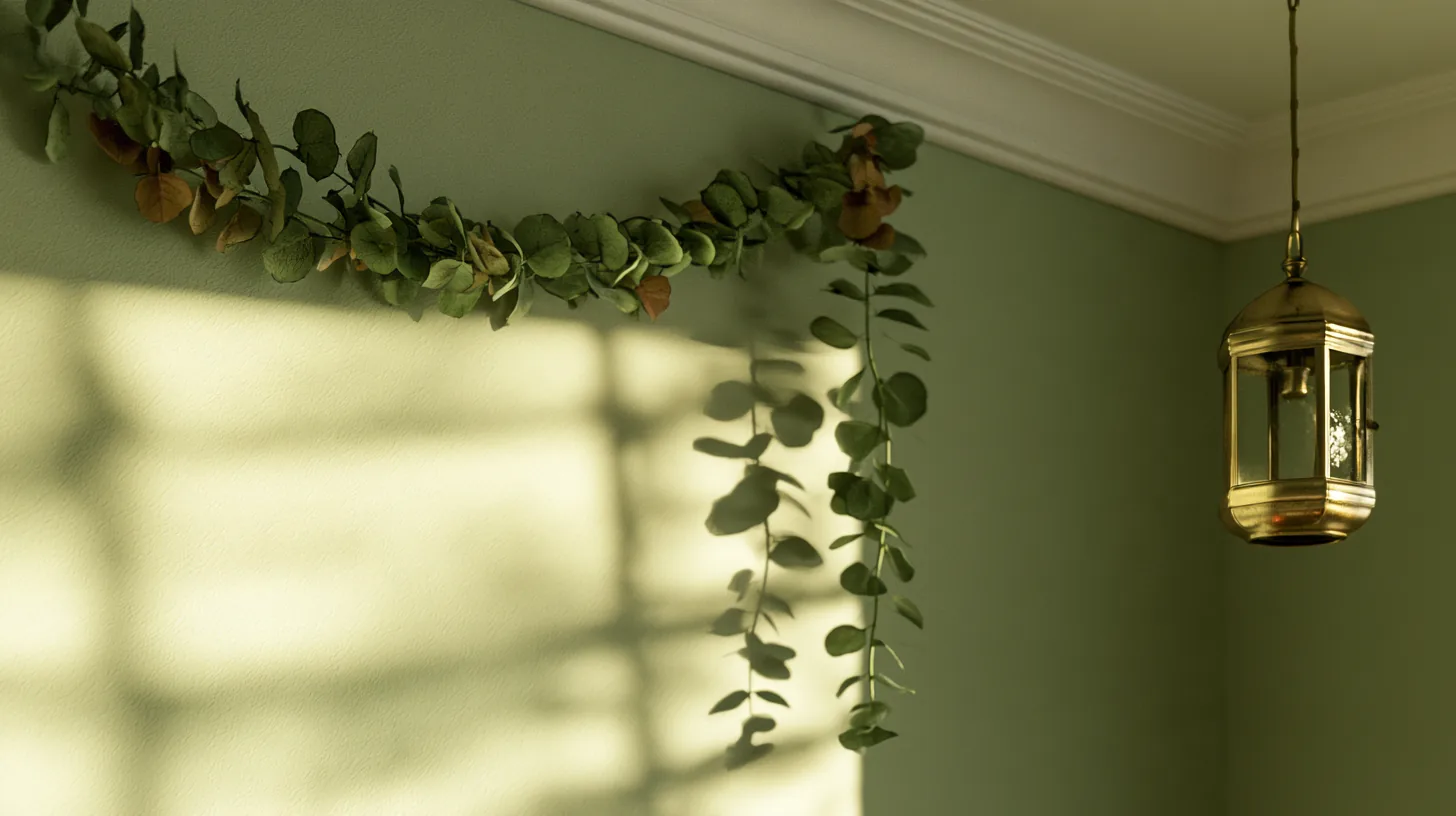 A soft green wall featuring eucalyptus leaves and a decorative lantern, providing a serene backdrop for professional settings.