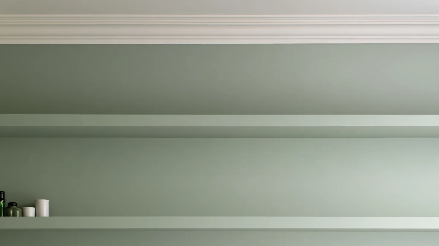 Soft green wall featuring two minimalist shelves, designed for a professional setting.