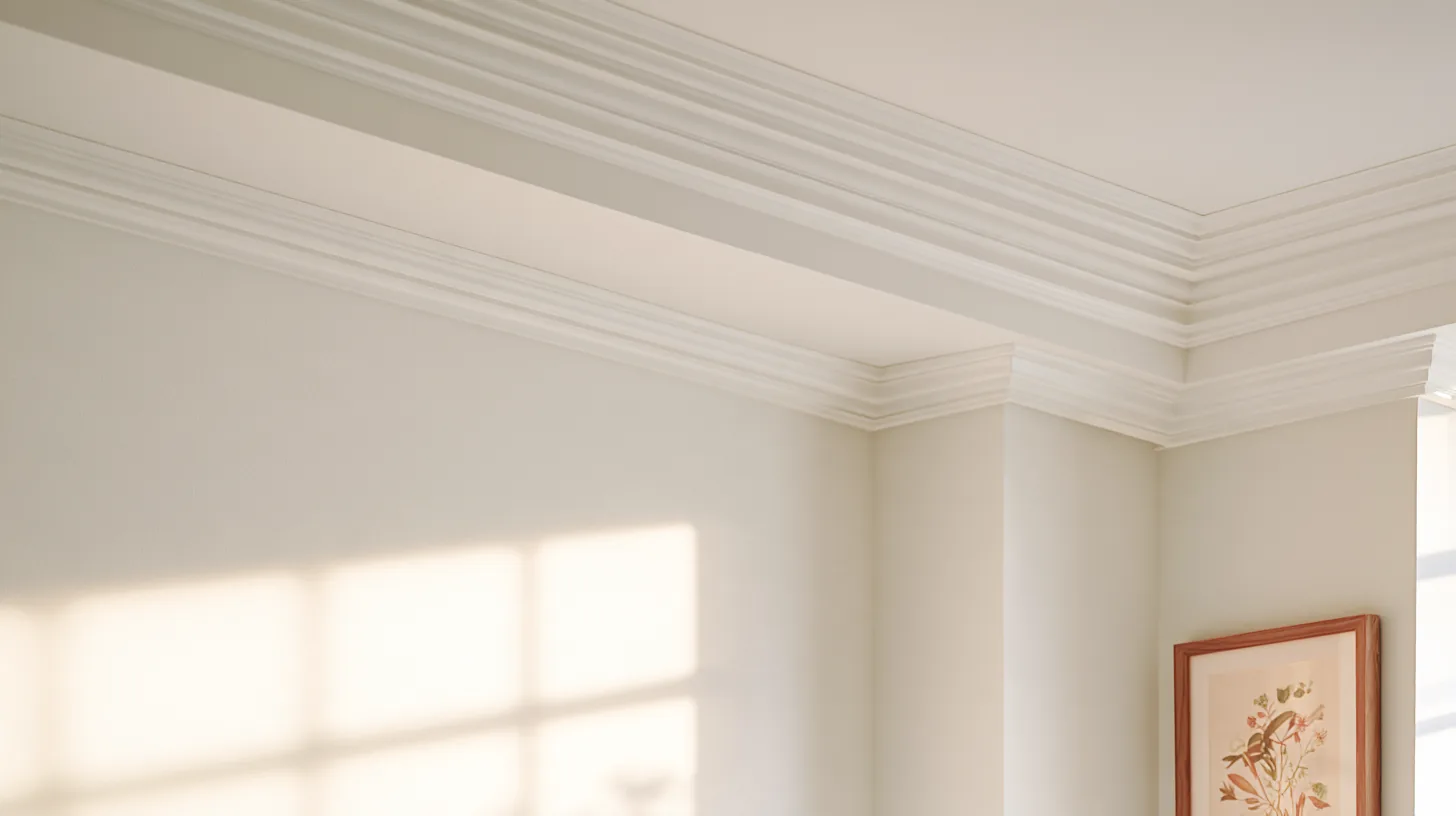 A soft neutral wall with elegant trim and a framed artwork in a well-lit space.