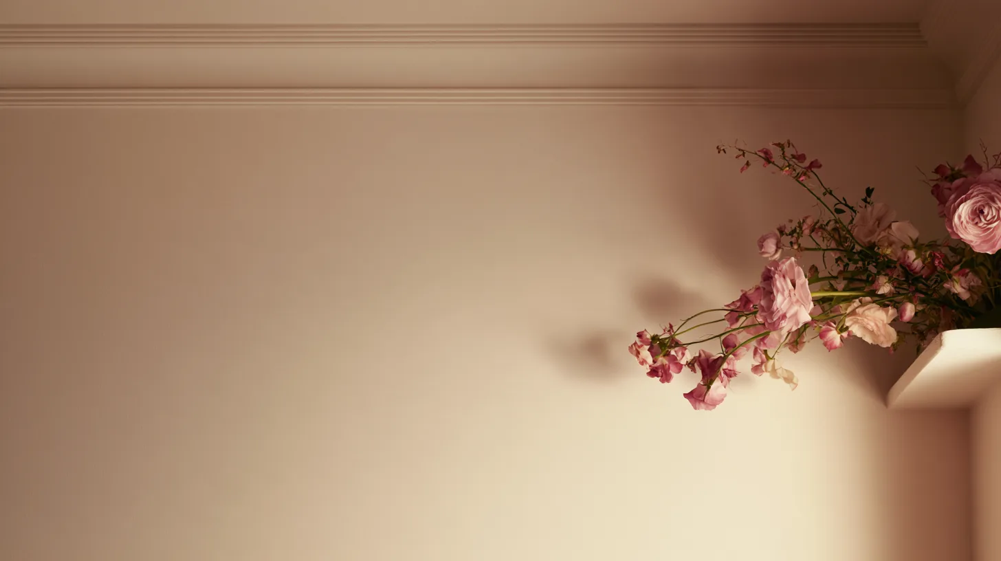 A soft neutral wall with pink flowers cascading from a shelf, creating a calm and inviting atmosphere.