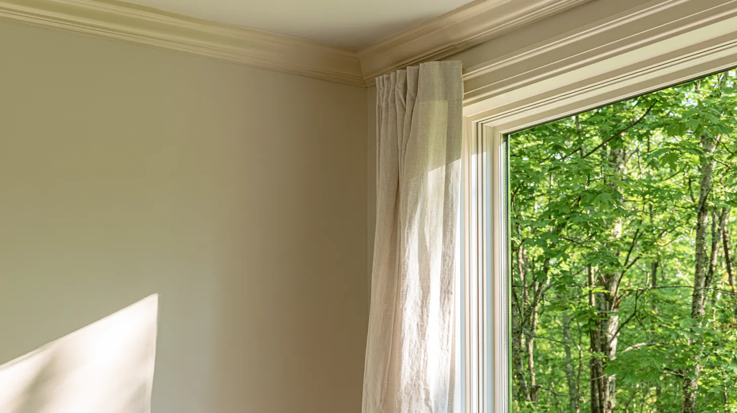 A soft neutral wall with a window draped in light fabric, allowing natural light to filter in, creating a serene atmosphere.