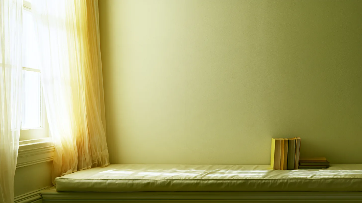 Soft yellow wall with natural light and a small stack of books on a window seat.