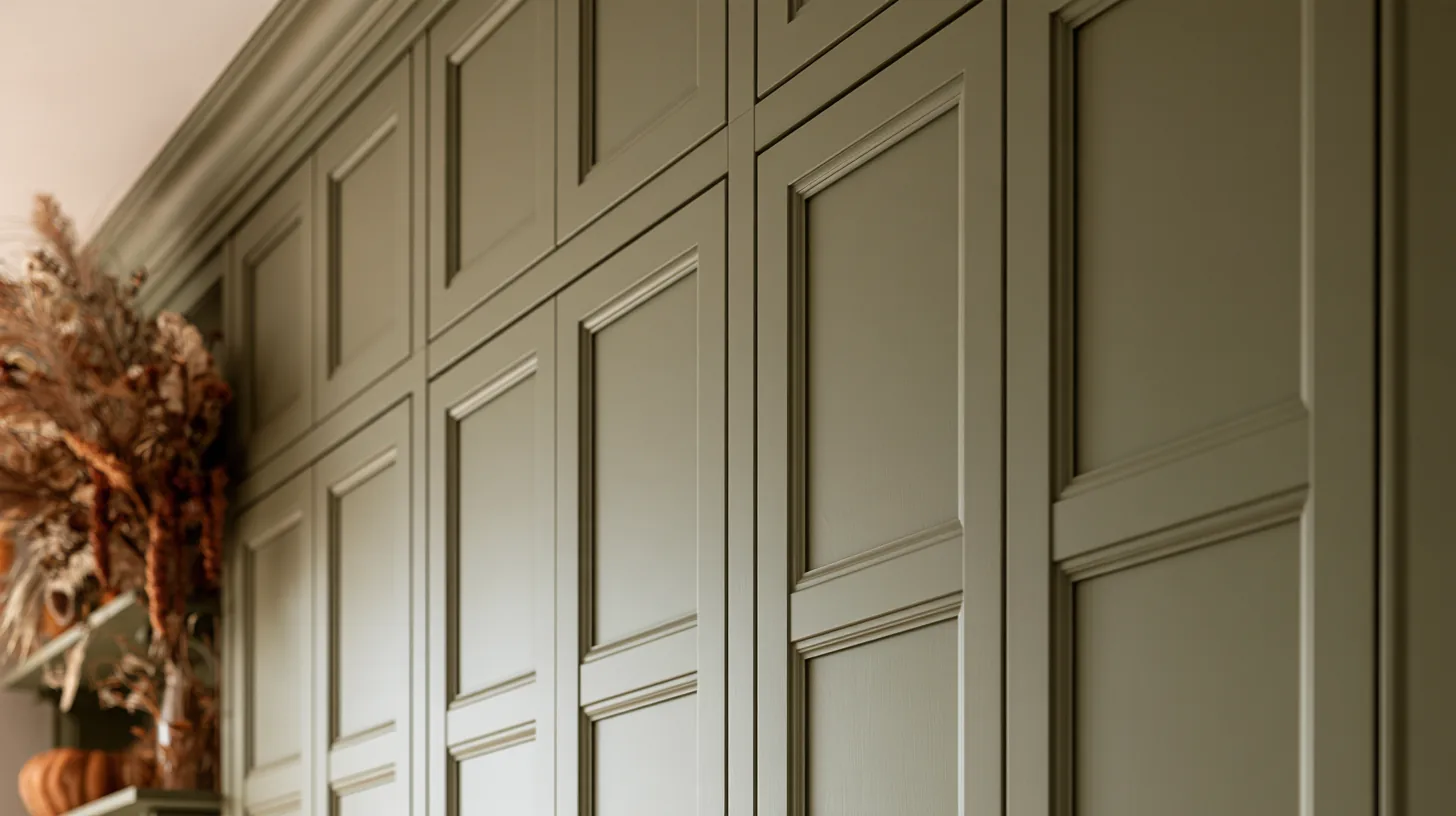 Textured green wall with paneling, providing a sophisticated backdrop for video conferencing.