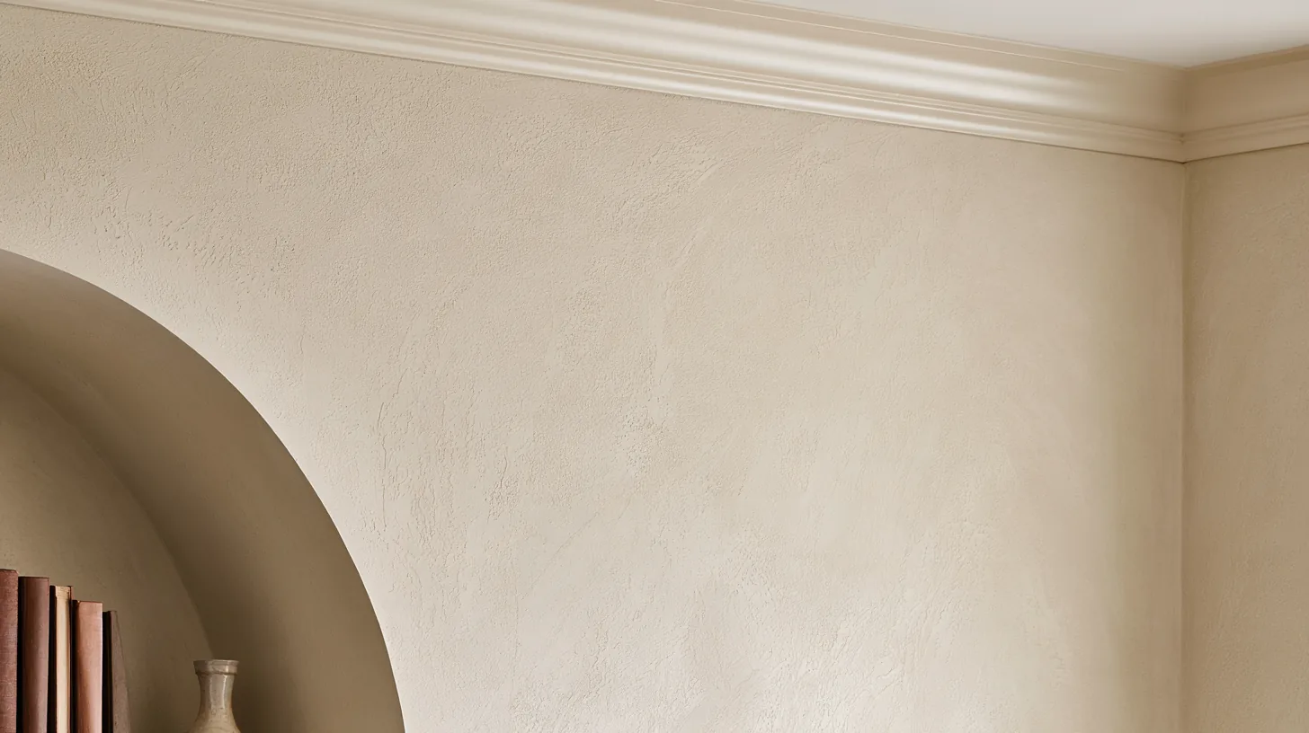Textured neutral wall with an arch and soft lighting, suitable for corporate video calls.