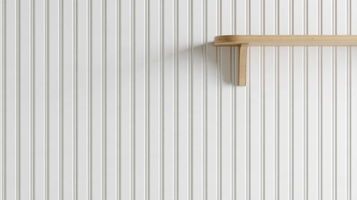 Textured white wall featuring vertical lines and a simple wooden shelf, designed for a professional setting.