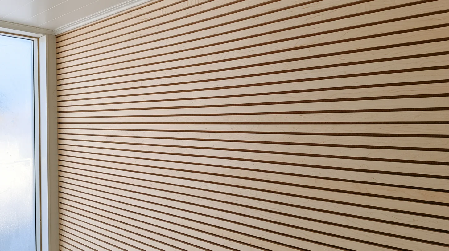 Textured wood panel wall with horizontal lines, creating a warm and inviting atmosphere.