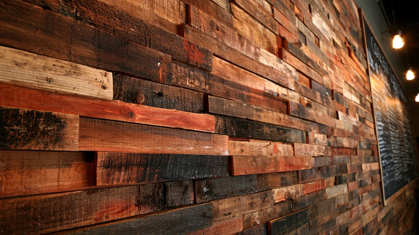 Textured wooden wall with various shades of brown and black, providing a rustic backdrop for professional settings.