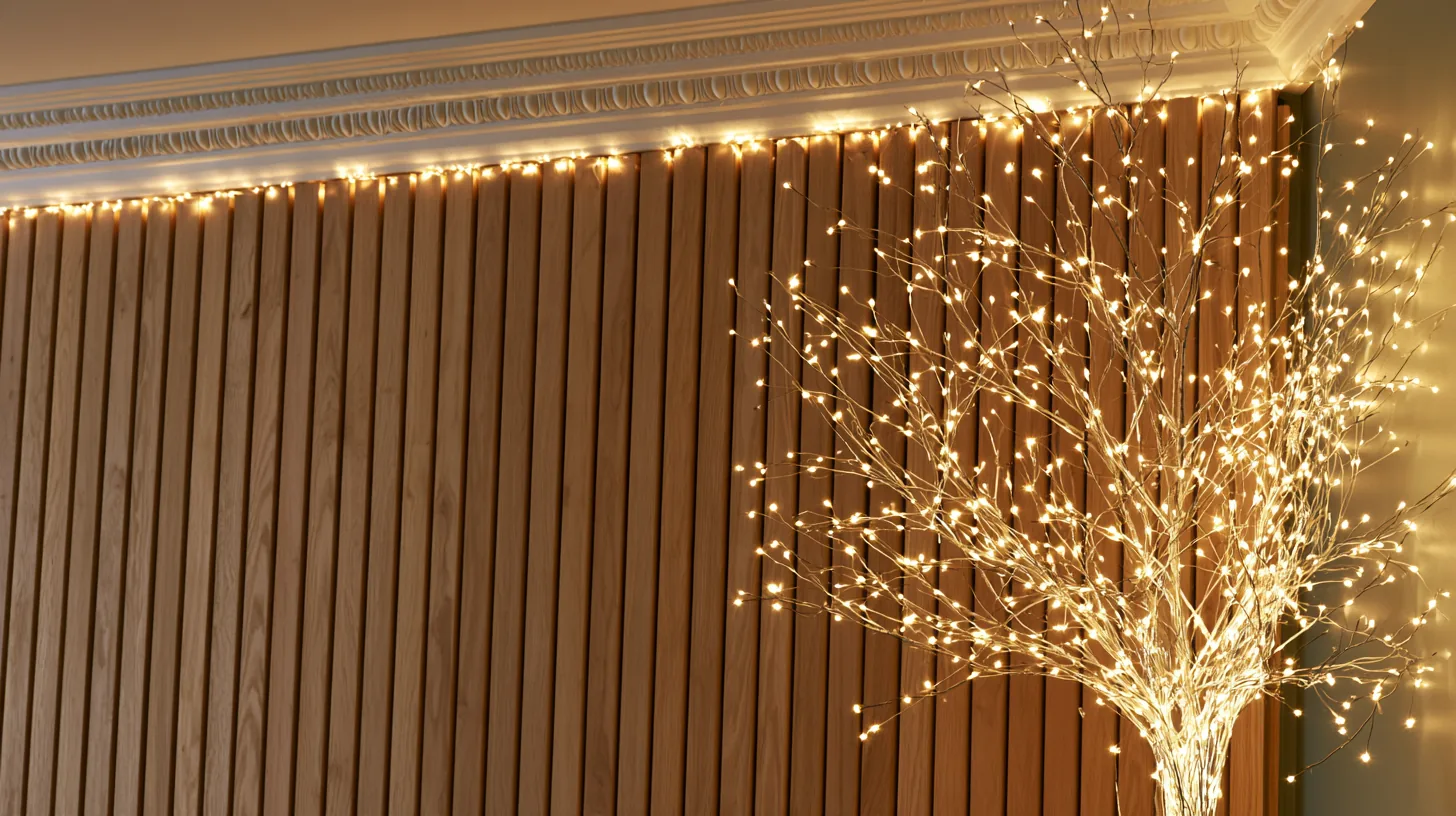 Wooden wall with soft lighting and decorative branches, creating a warm and inviting atmosphere.