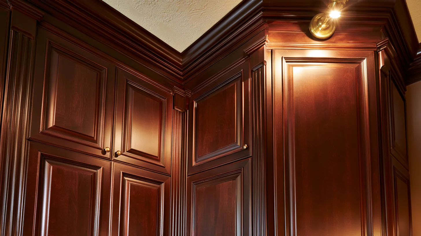 Corner of a room featuring rich mahogany wood paneling and warm lighting, creating an elegant and professional ambiance.