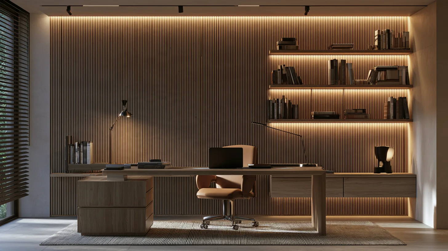 A modern executive office featuring warm wood paneling, a stylish desk, and ambient lighting, designed for professional video calls.