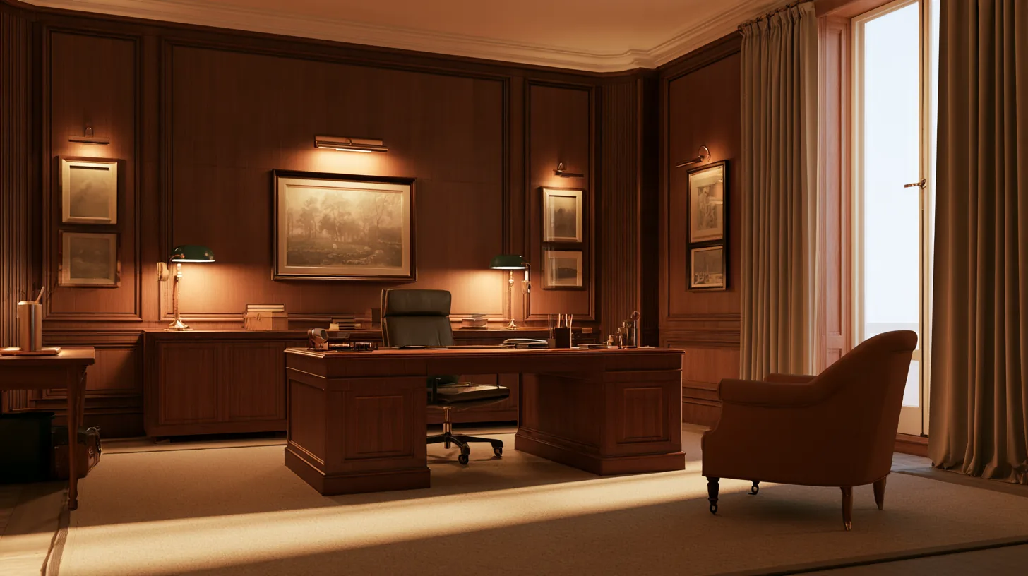 Sophisticated executive office with wooden desk, chair, and framed artwork, illuminated by soft lighting.