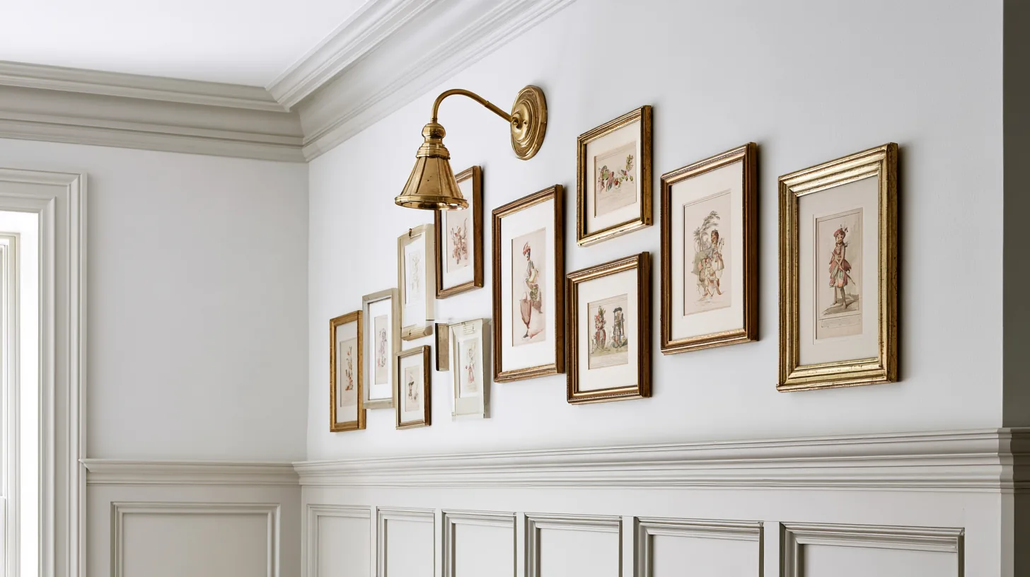 Sophisticated gallery wall with framed art and soft lighting in a corporate setting.