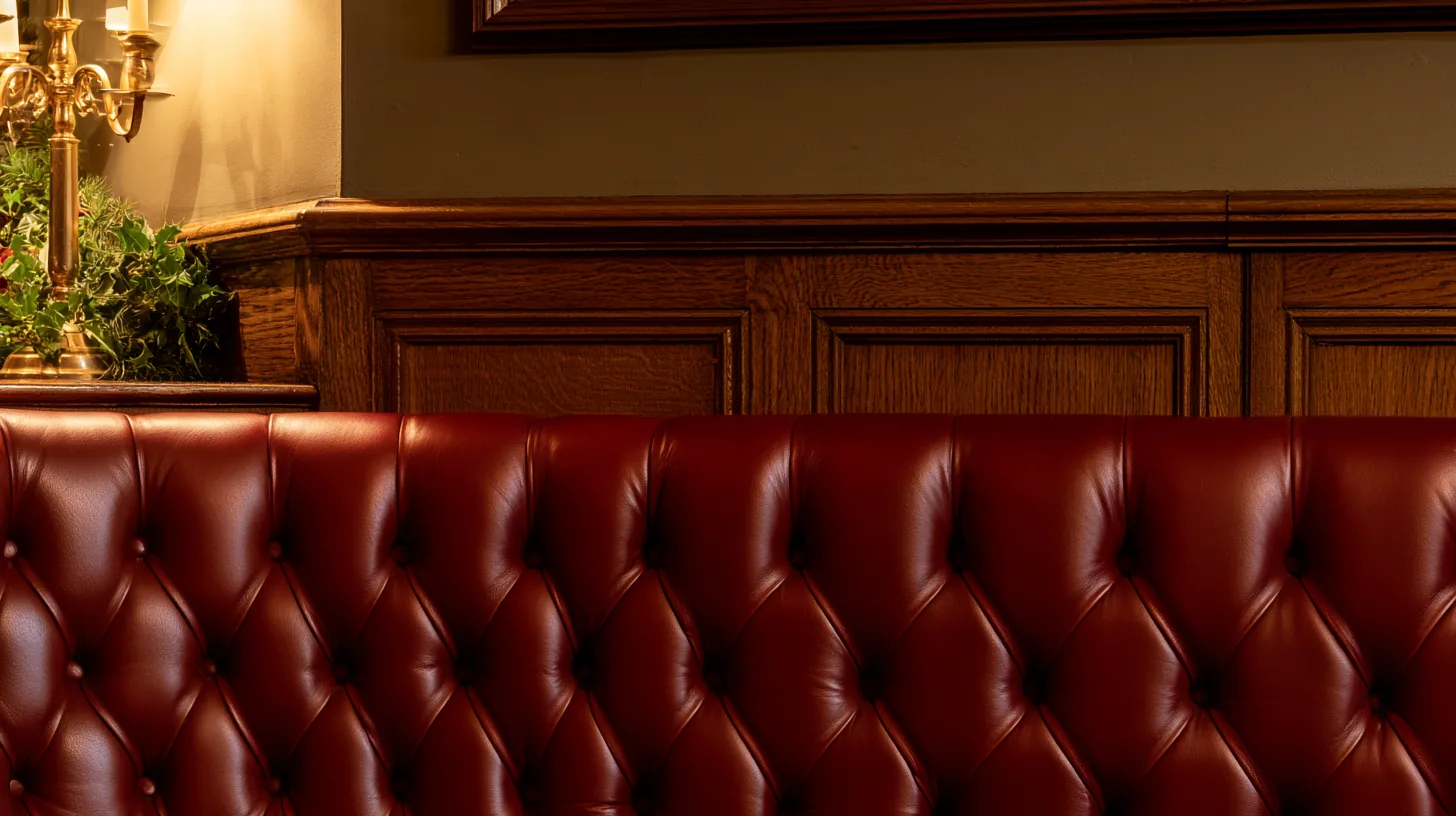 A sophisticated office space featuring rich leather seating and warm wooden paneling, designed for corporate settings.