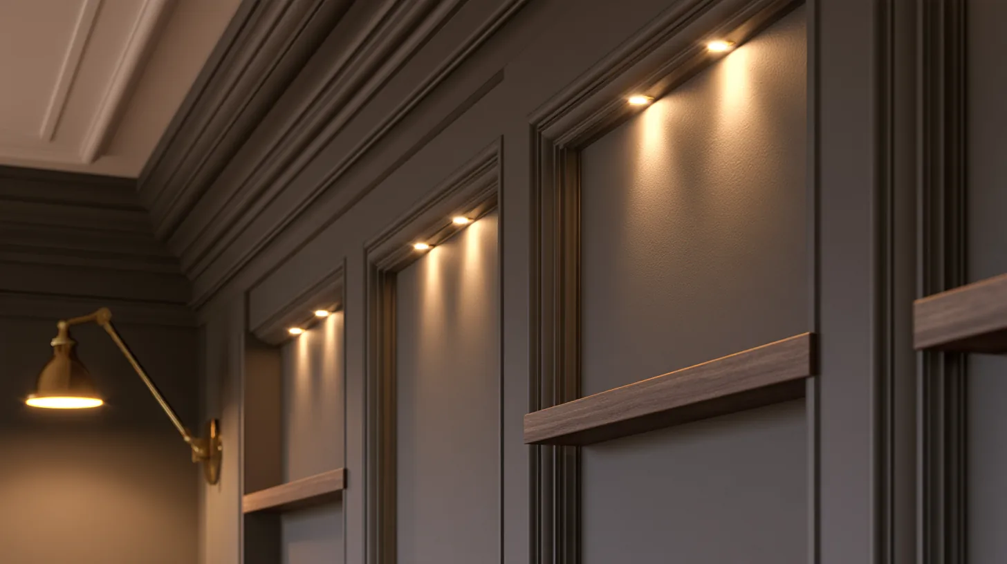Sophisticated wall with subtle lighting and wooden accents, designed for a corporate setting.