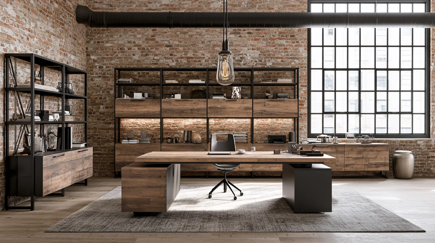 Stylish modern office with wooden desk, industrial shelving, and large windows, designed for professional settings.