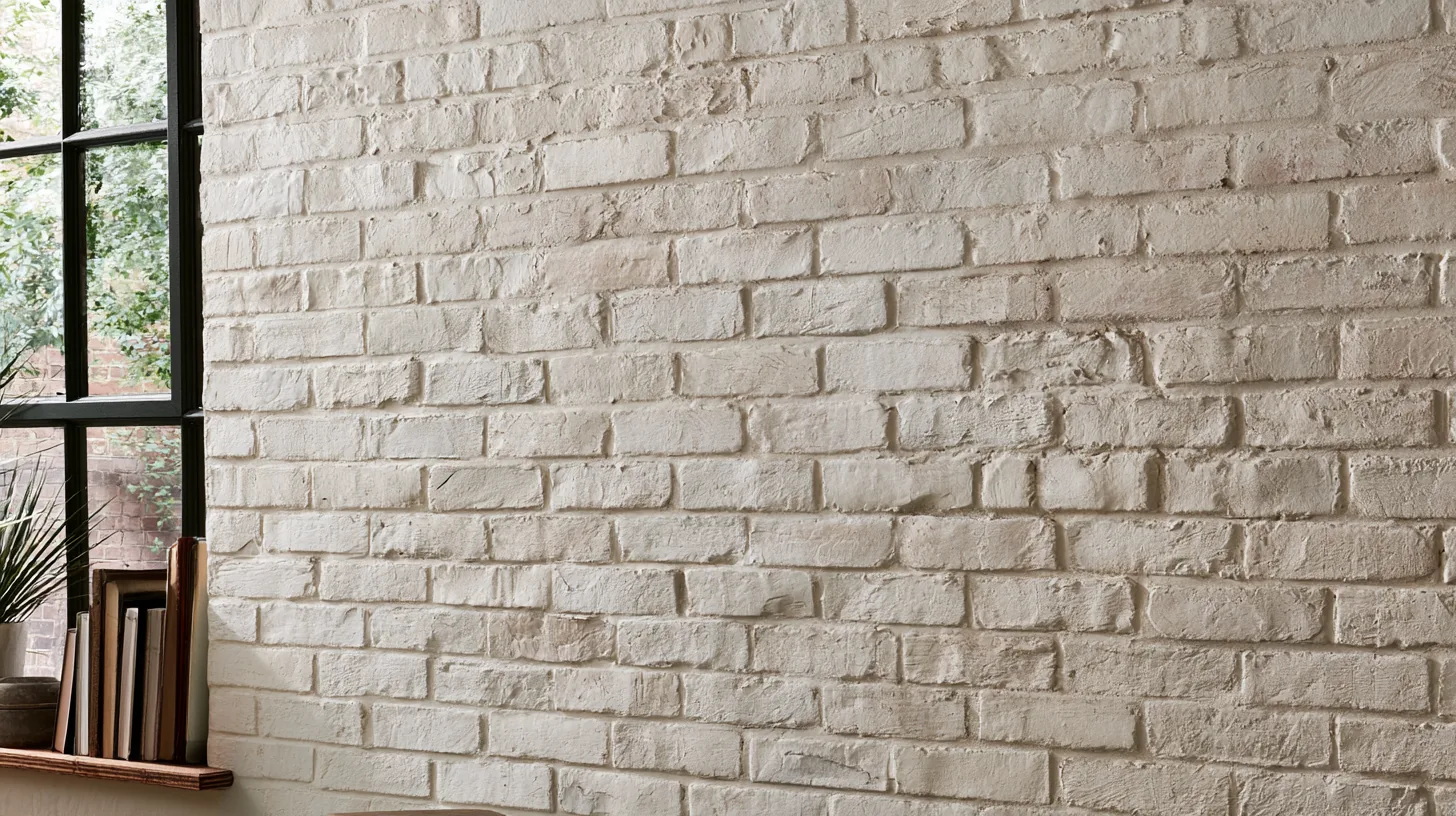 Textured white brick wall with a window and a small shelf with books and a plant.