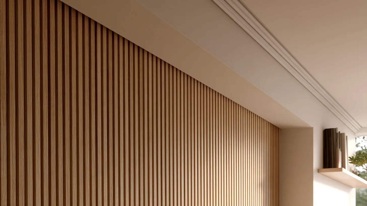 Textured wood panel wall with subtle lighting, designed for corporate video calls.