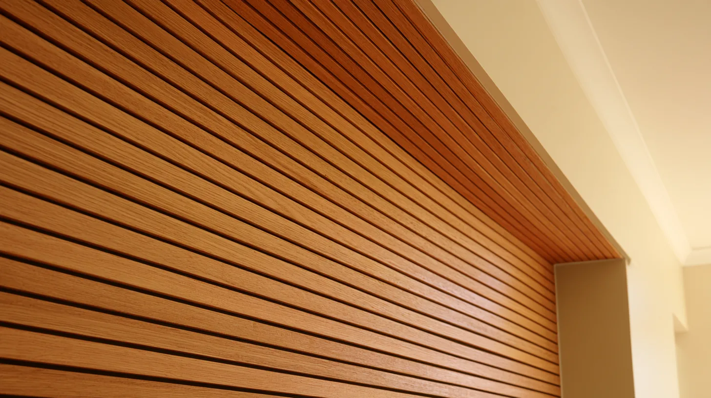 Textured wooden wall with horizontal slats, creating a warm and inviting backdrop for professional settings.