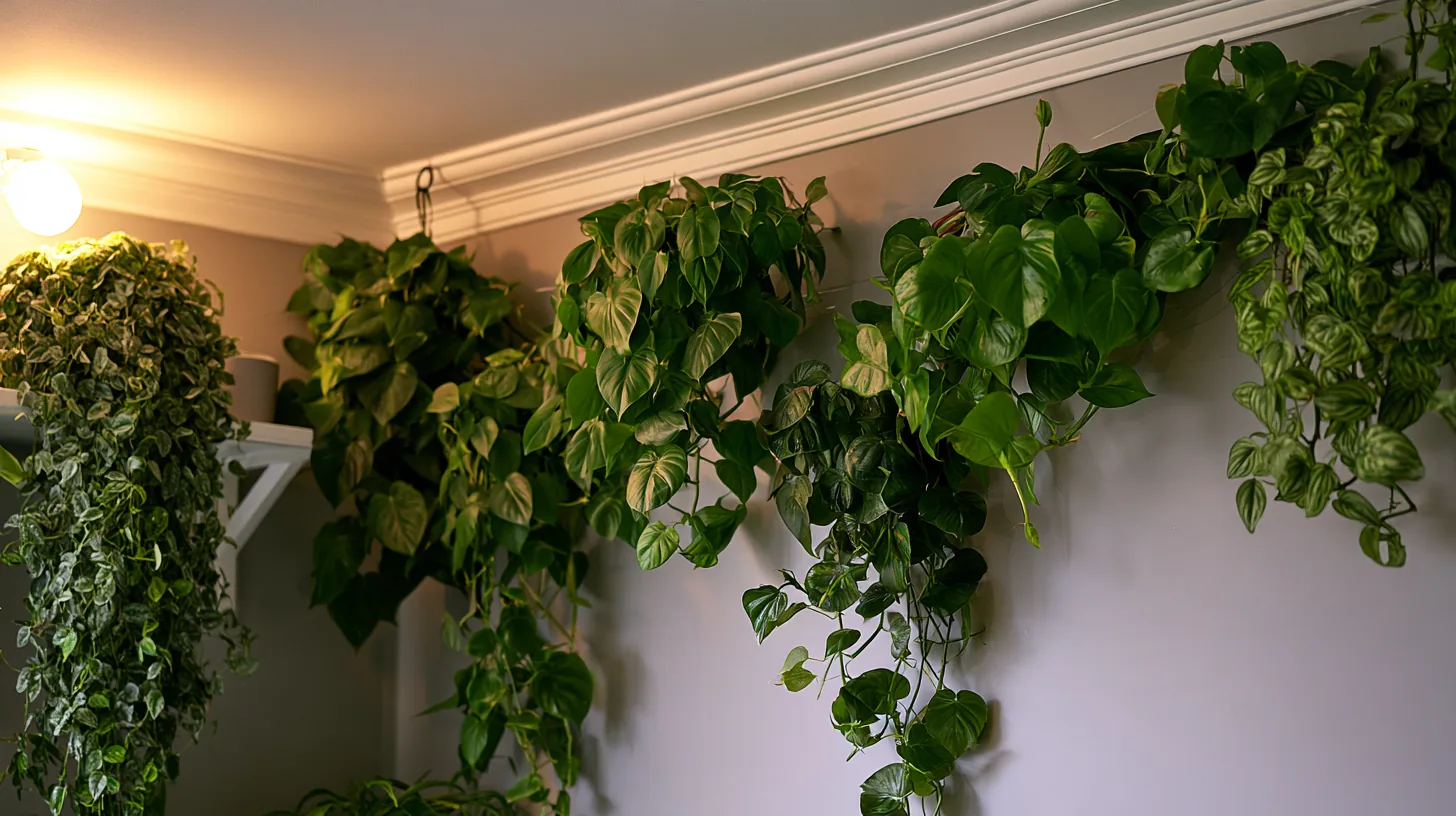 Vibrant green plants hanging against a soft gray wall, creating a calming and professional setting.