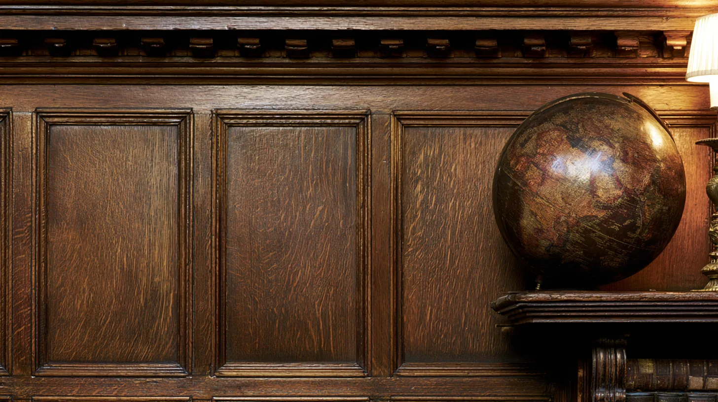 Warm wood paneling with a globe and lamp, creating a sophisticated office ambiance.