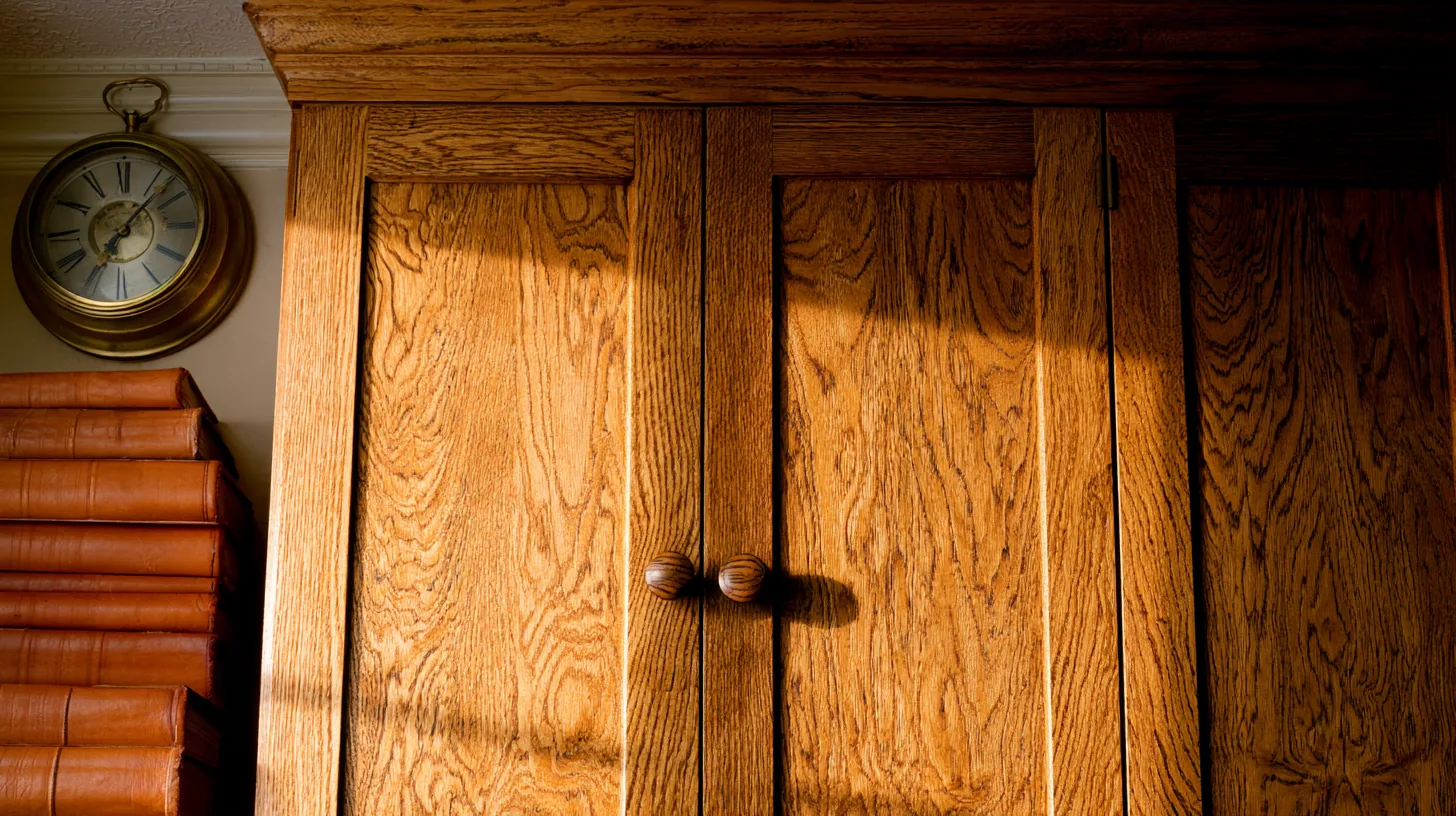 Warm wooden cabinet with textured doors and a clock, creating a cozy and professional setting.