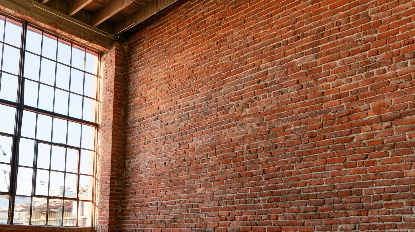 Textured exposed brick wall with a large industrial window, creating a warm and inviting atmosphere.
