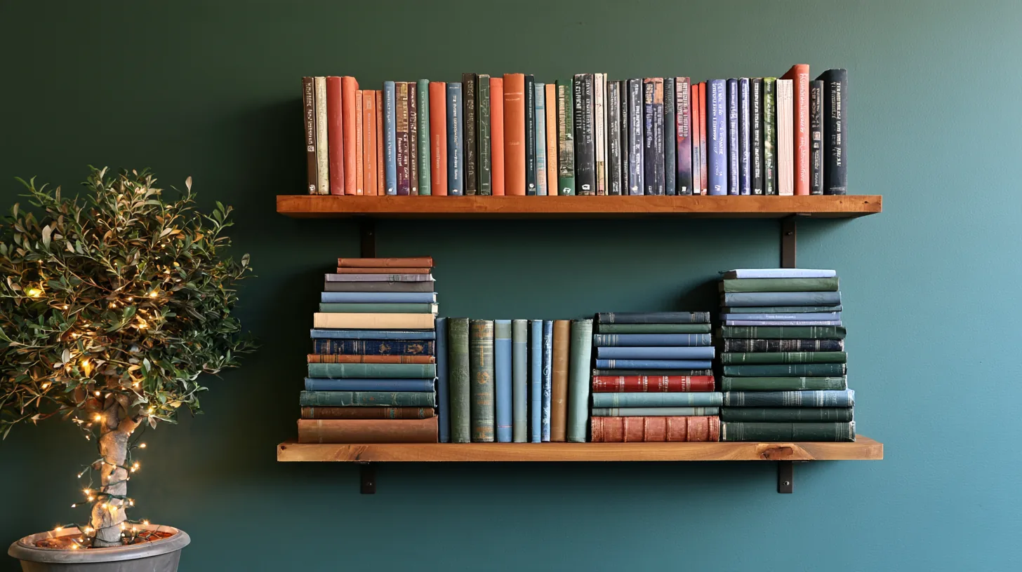 Bookshelves filled with colorful books against a green wall, featuring a small potted plant with lights.