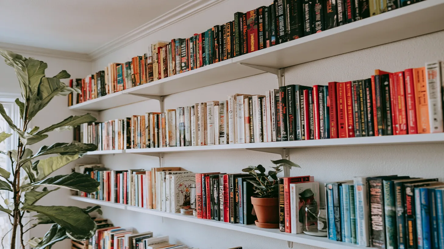 Bookshelves filled with colorful books and a small potted plant, creating a warm and inviting atmosphere.