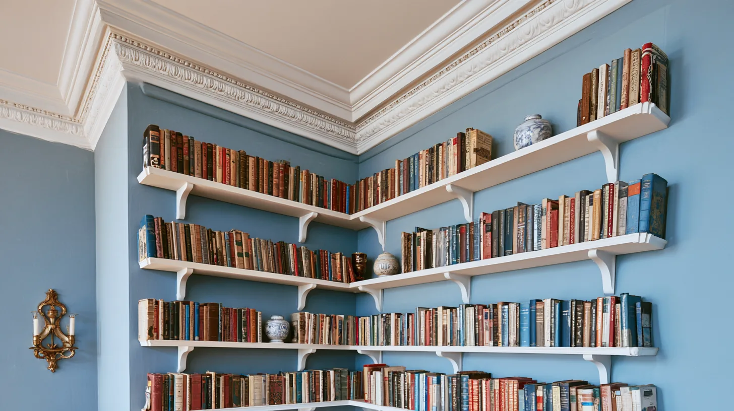 Bookshelves filled with various books and decorative items against a blue wall, creating a cozy and inviting atmosphere.