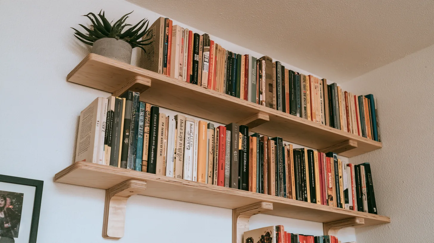Bookshelves filled with various books and a potted plant on top, creating a cozy and inviting atmosphere.
