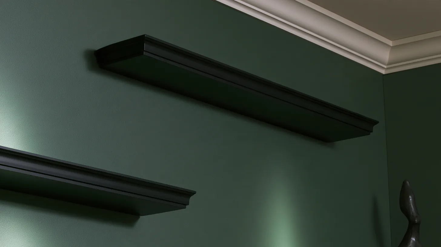 Dark floating shelves on a green wall, creating a stylish and professional backdrop for video calls.