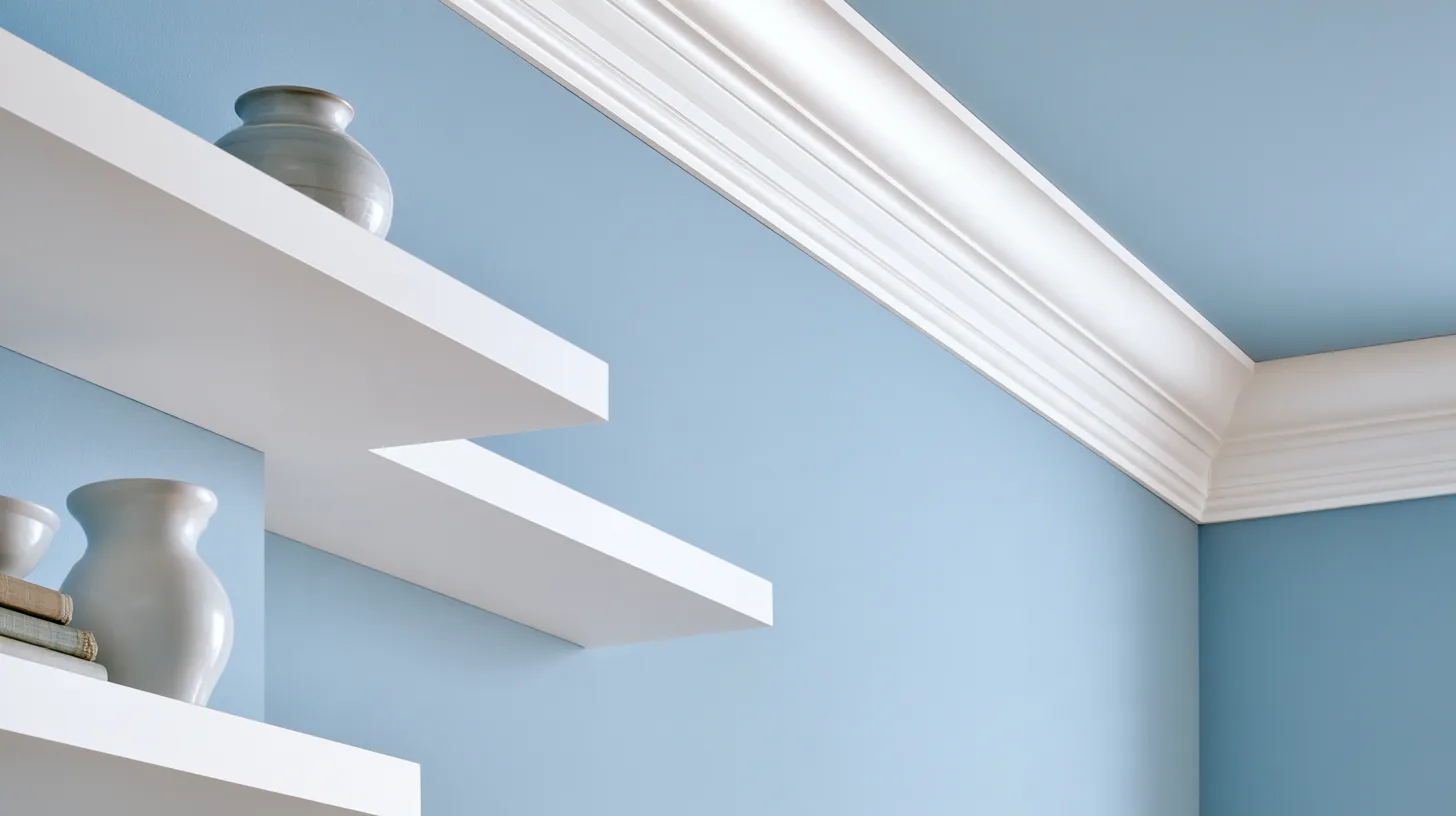 Light blue wall with white floating shelves displaying decorative vases and books, designed for a corporate setting.