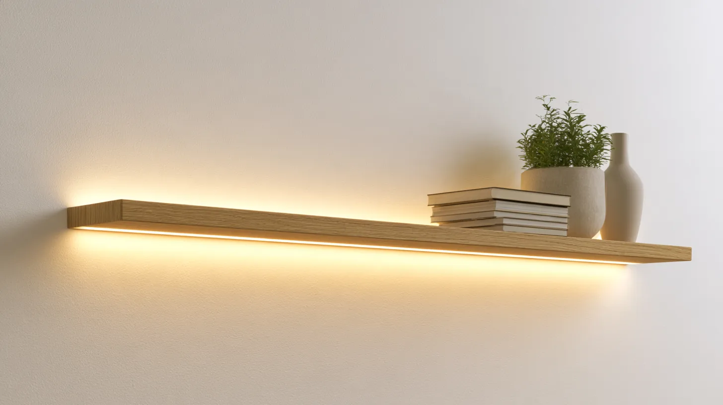 A modern wall shelf with soft lighting, displaying a potted plant and stacked books against a neutral wall.