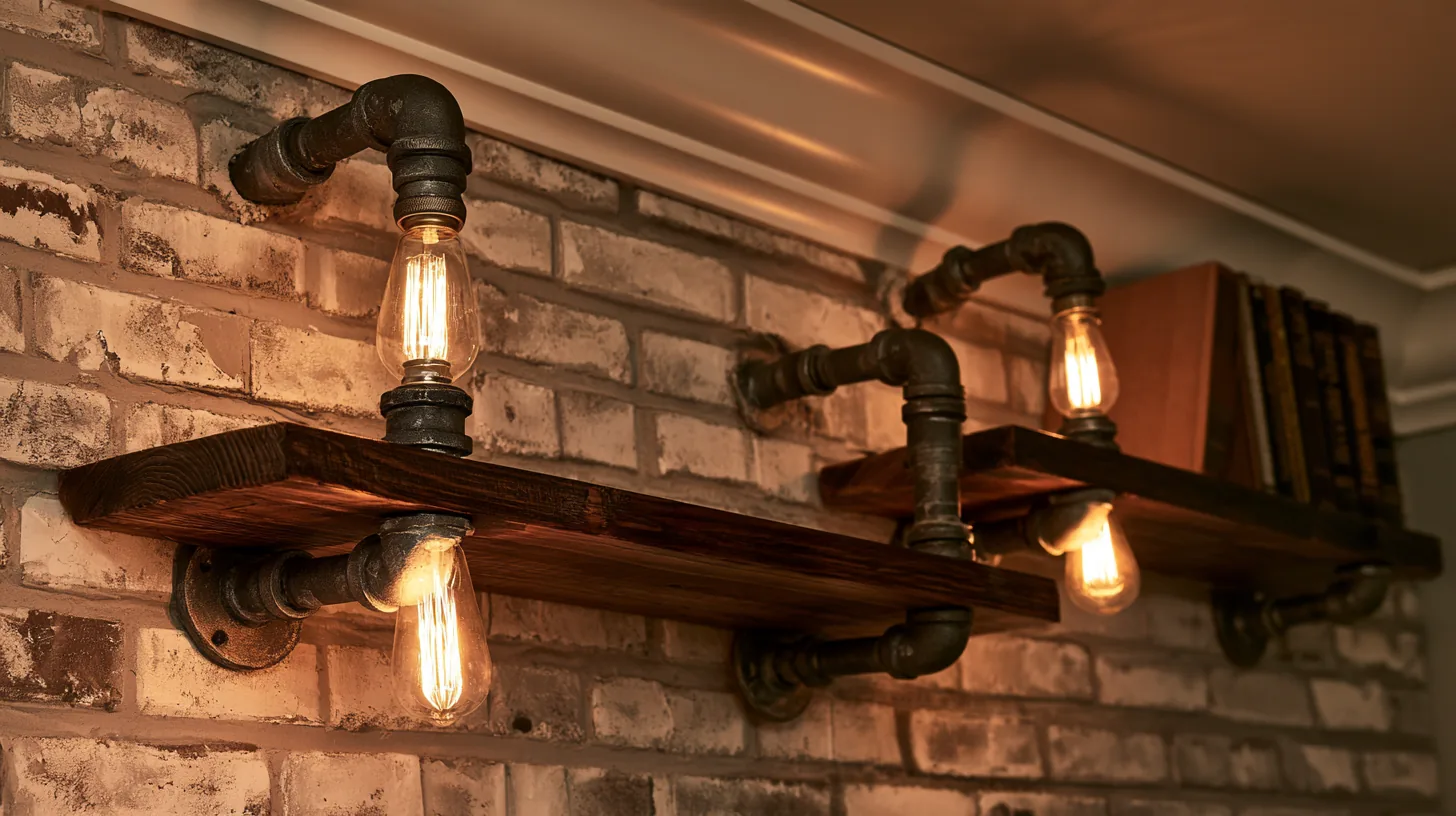 Rustic wall shelves featuring industrial pipes and Edison bulbs, creating a warm and inviting atmosphere.