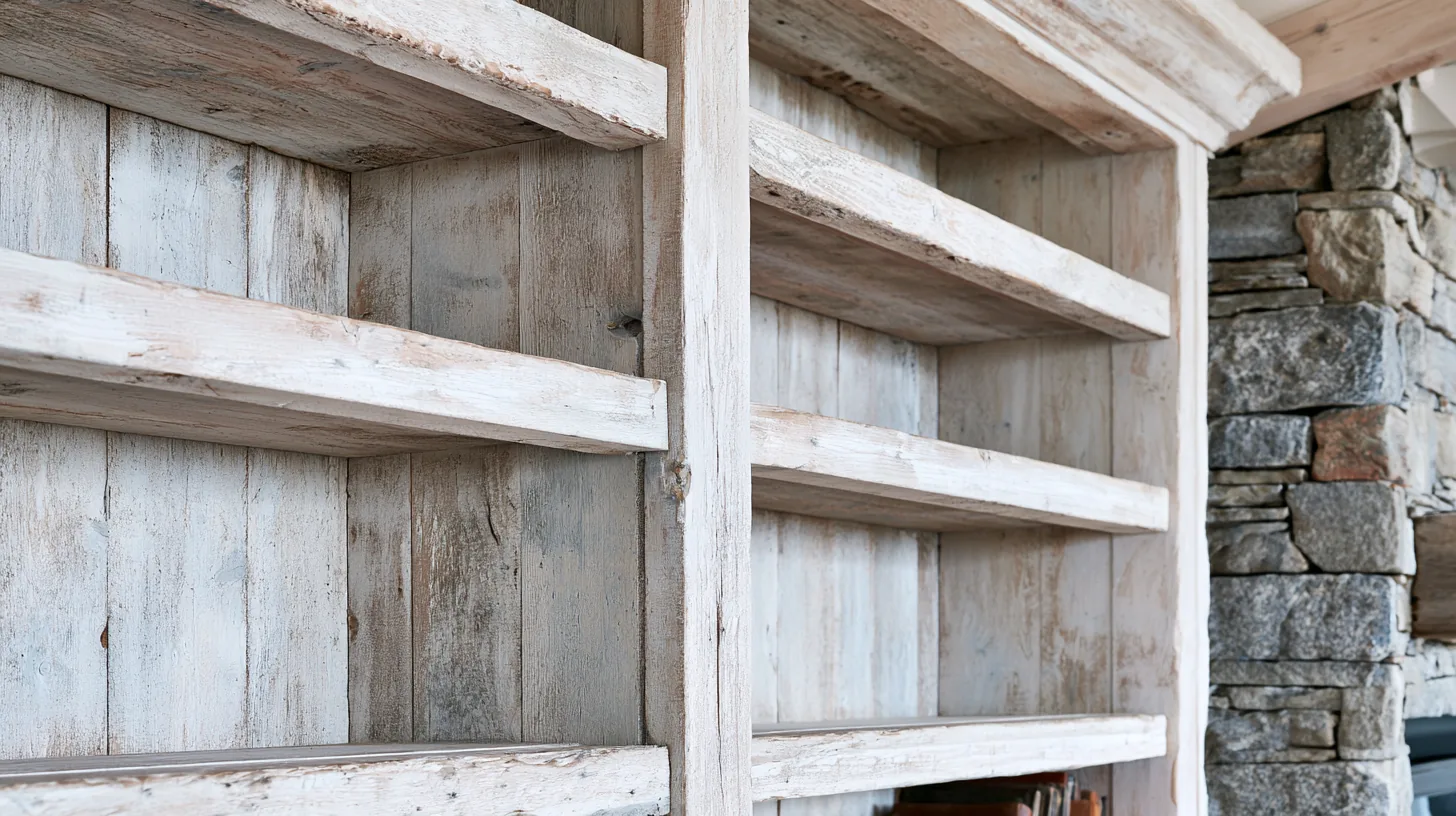 Rustic whitewashed wall shelves with a textured finish, creating a clean and professional look for video calls.