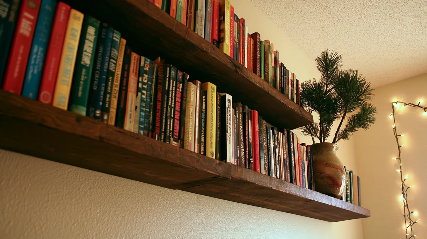 A rustic wooden shelf filled with colorful books and a small plant, softly lit for a cozy ambiance.